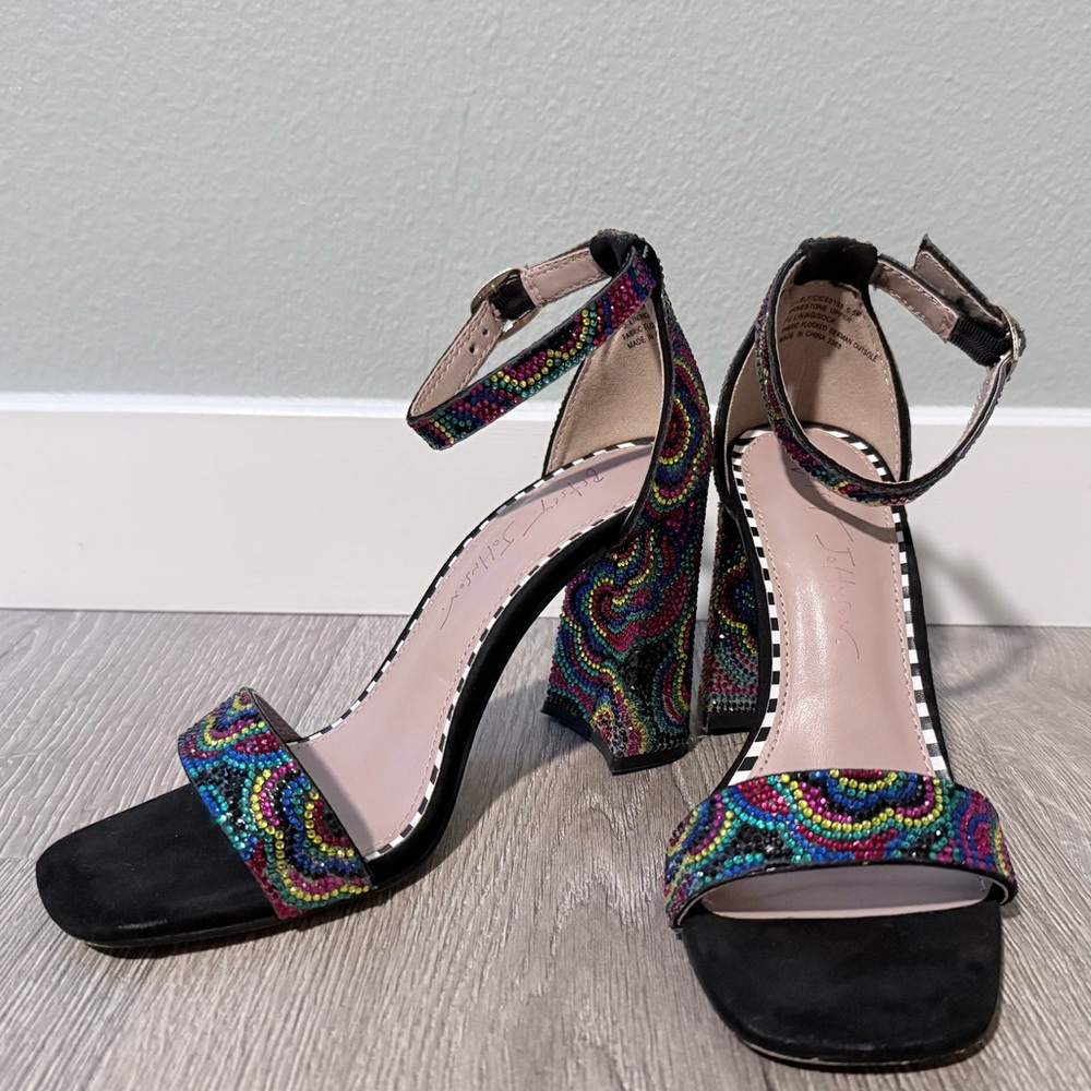 Betsey Johnson Multicolor Beaded Ankle Strap Block Heels